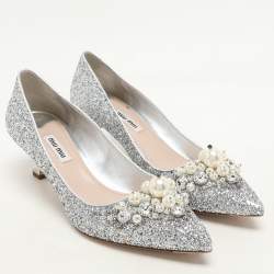 Miu Miu Silver Studded Glitter Crystal Embellished Pointed-Toe Pumps Size 38.5