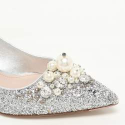 Miu Miu Silver Studded Glitter Crystal Embellished Pointed-Toe Pumps Size 38.5