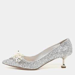 Miu Miu Silver Studded Glitter Crystal Embellished Pointed-Toe Pumps Size 38.5