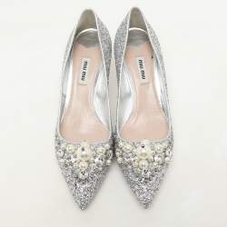 Miu Miu Silver Studded Glitter Crystal Embellished Pointed-Toe Pumps Size 38.5