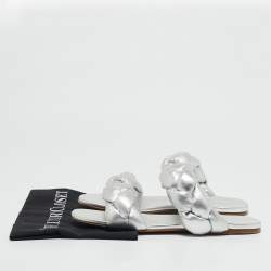 Miu Miu Silver Woven Leather Flat Sandals Size 38.5