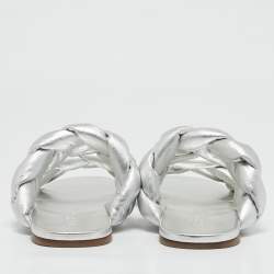 Miu Miu Silver Woven Leather Flat Sandals Size 38.5