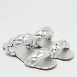 Miu Miu Silver Woven Leather Flat Sandals Size 38.5