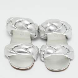 Miu Miu Silver Woven Leather Flat Sandals Size 38.5