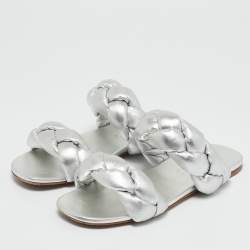 Miu Miu Silver Woven Leather Flat Sandals Size 38.5