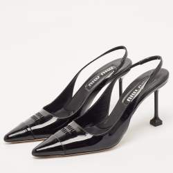 Miu Miu Black Leather Logo Pointed Cap Toe Slingback Pumps Size 37.5