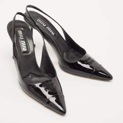 Miu Miu Black Leather Logo Pointed Cap Toe Slingback Pumps Size 37.5
