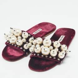 Miu Miu Burgundy Velvet Faux Pearl Embellished Flat Slides Size 35.5