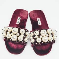Miu Miu Burgundy Velvet Faux Pearl Embellished Flat Slides Size 35.5