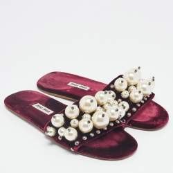 Miu Miu Burgundy Velvet Faux Pearl Embellished Flat Slides Size 35.5