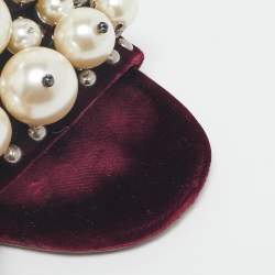Miu Miu Burgundy Velvet Faux Pearl Embellished Flat Slides Size 35.5