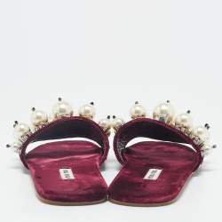 Miu Miu Burgundy Velvet Faux Pearl Embellished Flat Slides Size 35.5
