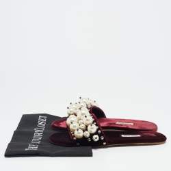 Miu Miu Burgundy Velvet Faux Pearl Embellished Flat Slides Size 35.5