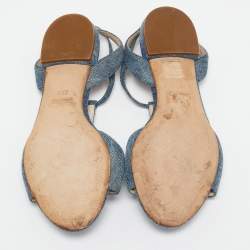 Miu Miu Blue Denim Crystal Embellished Ankle Strap Flat Sandals Size 35.5