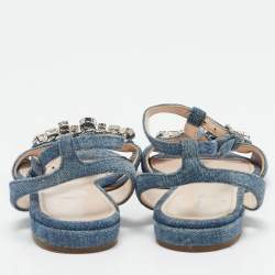 Miu Miu Blue Denim Crystal Embellished Ankle Strap Flat Sandals Size 35.5