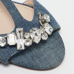 Miu Miu Blue Denim Crystal Embellished Ankle Strap Flat Sandals Size 35.5