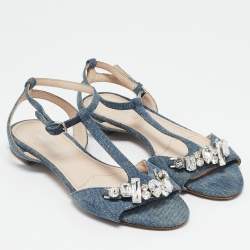Miu Miu Blue Denim Crystal Embellished Ankle Strap Flat Sandals Size 35.5