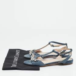 Miu Miu Blue Denim Crystal Embellished Ankle Strap Flat Sandals Size 35.5