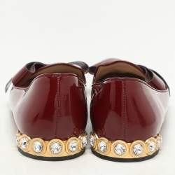 Pre Owned Miu Miu Burgundy Patent Leather Crystal Embellished Heel Bow Slip On Loafers Size 40
