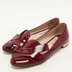 Pre Owned Miu Miu Burgundy Patent Leather Crystal Embellished Heel Bow Slip On Loafers Size 40