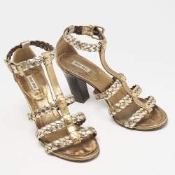 Miu Miu Gold Woven Leather Strappy Sandals Size 36.5