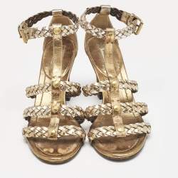 Miu Miu Gold Woven Leather Strappy Sandals Size 36.5
