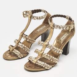 Miu Miu Gold Woven Leather Strappy Sandals Size 36.5
