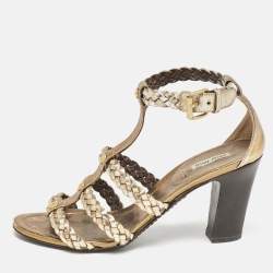 Miu Miu Gold Woven Leather Strappy Sandals Size 36.5