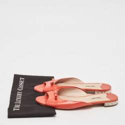 Miu Miu Orange Patent Leather Crystal Embellished Heel Bow Flat Slides Size 41