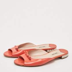 Miu Miu Orange Patent Leather Crystal Embellished Heel Bow Flat Slides Size 41