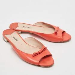 Miu Miu Orange Patent Leather Crystal Embellished Heel Bow Flat Slides Size 41