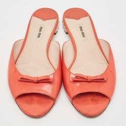 Miu Miu Orange Patent Leather Crystal Embellished Heel Bow Flat Slides Size 41