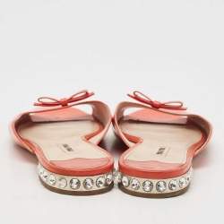 Miu Miu Orange Patent Leather Crystal Embellished Heel Bow Flat Slides Size 41