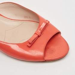 Miu Miu Orange Patent Leather Crystal Embellished Heel Bow Flat Slides Size 41