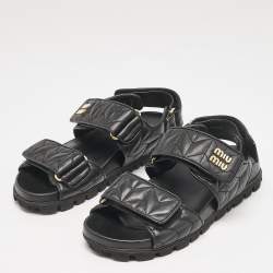 Pre Owned Miu Miu Black Leather Sporty Matelassé Slingback Sandals Size 37