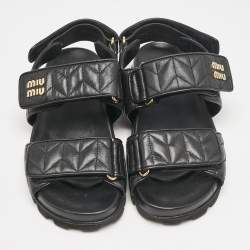 Pre Owned Miu Miu Black Leather Sporty Matelassé Slingback Sandals Size 37