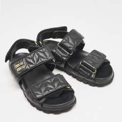 Pre Owned Miu Miu Black Leather Sporty Matelassé Slingback Sandals Size 37