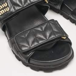 Pre Owned Miu Miu Black Leather Sporty Matelassé Slingback Sandals Size 37