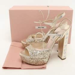 Miu Miu Gold Glitter Ankle Tie Platform Pumps Size 38