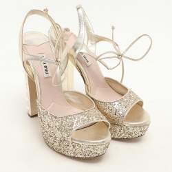 Miu Miu Gold Glitter Ankle Tie Platform Pumps Size 38
