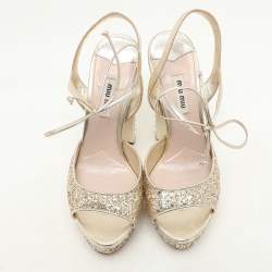 Miu Miu Gold Glitter Ankle Tie Platform Pumps Size 38