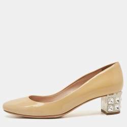Miu Miu Beige Patent Leather Crystal Embellished Block Heel Pumps Size 36.5