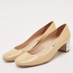 Miu Miu Beige Patent Leather Crystal Embellished Block Heel Pumps Size 36.5