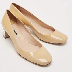 Miu Miu Beige Patent Leather Crystal Embellished Block Heel Pumps Size 36.5