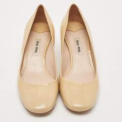 Miu Miu Beige Patent Leather Crystal Embellished Block Heel Pumps Size 36.5