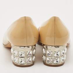 Miu Miu Beige Patent Leather Crystal Embellished Block Heel Pumps Size 36.5
