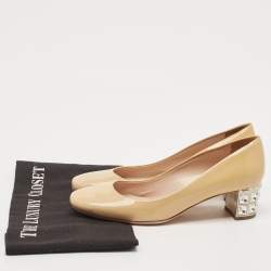 Miu Miu Beige Patent Leather Crystal Embellished Block Heel Pumps Size 36.5
