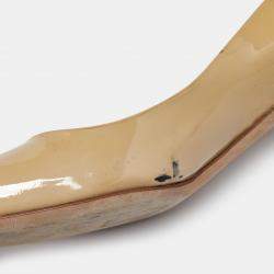 Pre Owned Miu Miu Beige Patent Leather Crystal Embellished Block Heel Pumps Size 36.5