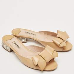 Miu Miu Beige Patent Leather Crystal Embellishment Mule Sandals Size 38