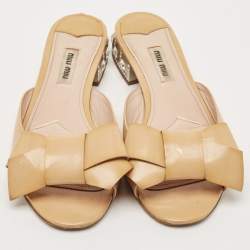 Miu Miu Beige Patent Leather Crystal Embellishment Mule Sandals Size 38